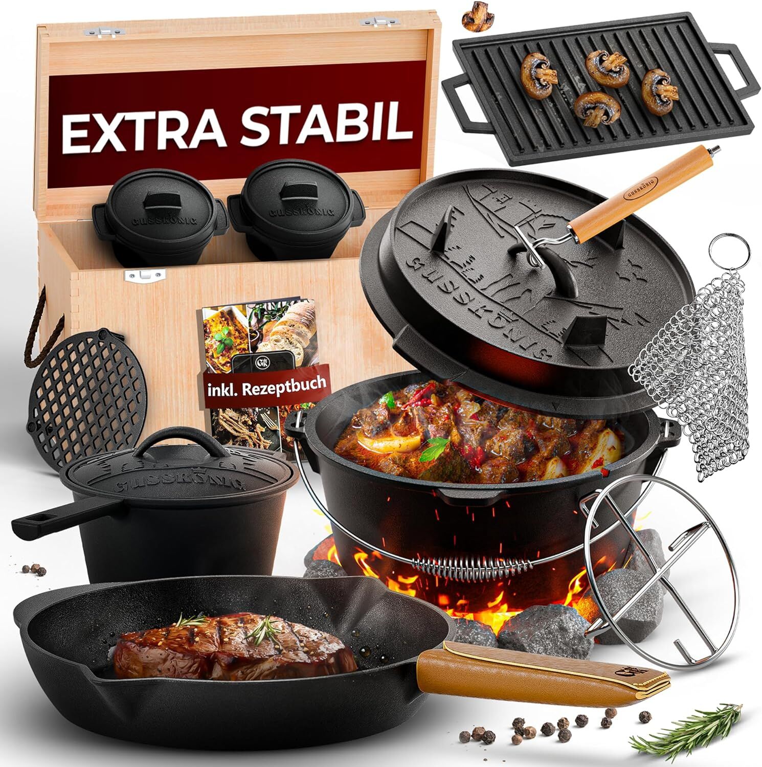 GUSSKÖNIG Dutch Oven Set 13-teilig - bereits eingebranntes Gusseisen Topf Set  von GUSSKÖNIG