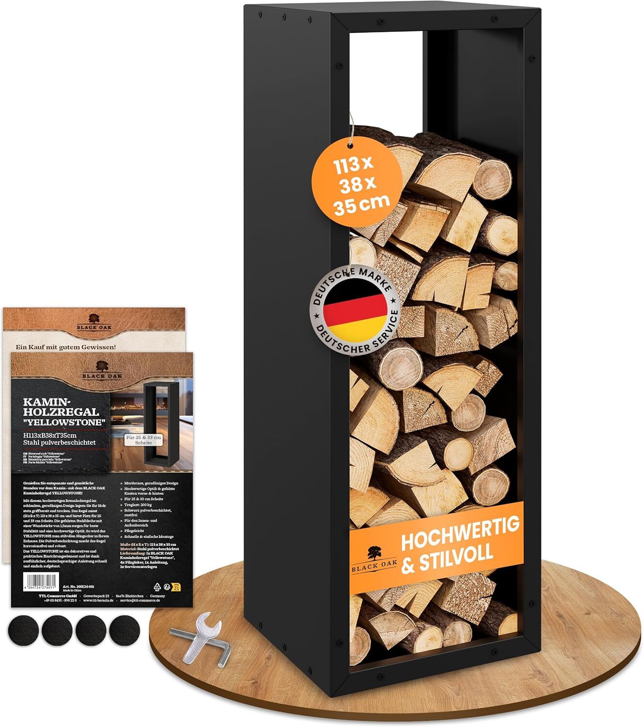 BLACK OAK Kaminholzregal Yellowstone schwarz matt bis 200kg - 113 × 38 × 35 cm von BLACK OAK