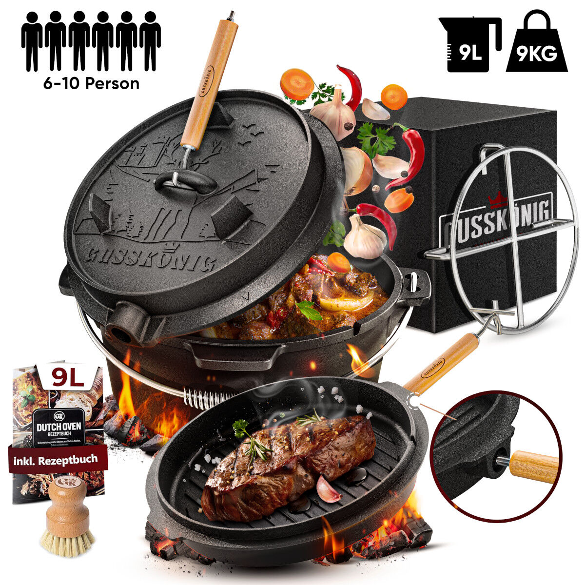 GUSSKÖNIG 9 Liter Dutch Oven Set ohne Füße mit 2in1 Deckelheber von GUSSKÖNIG