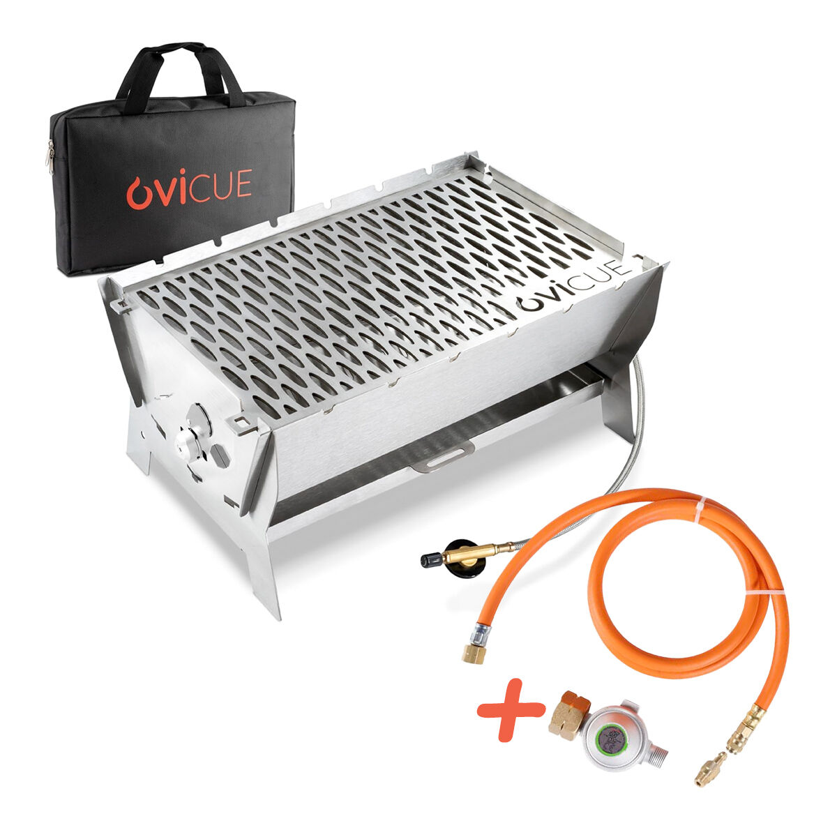 Ovicue L Kompaktgrill 3,5 kW Leistung & 1,3 m Adapter-Set für 5 kg oder 11 kg Gasflasche - flexibles Grillvergnügen mit Standardgas von Ovibell