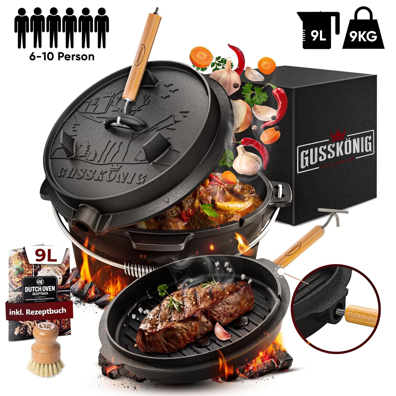 GUSSKÖNIG 9 Liter Dutch Oven Set mit Füßen mit 2in1 Deckelheber von GUSSKÖNIG