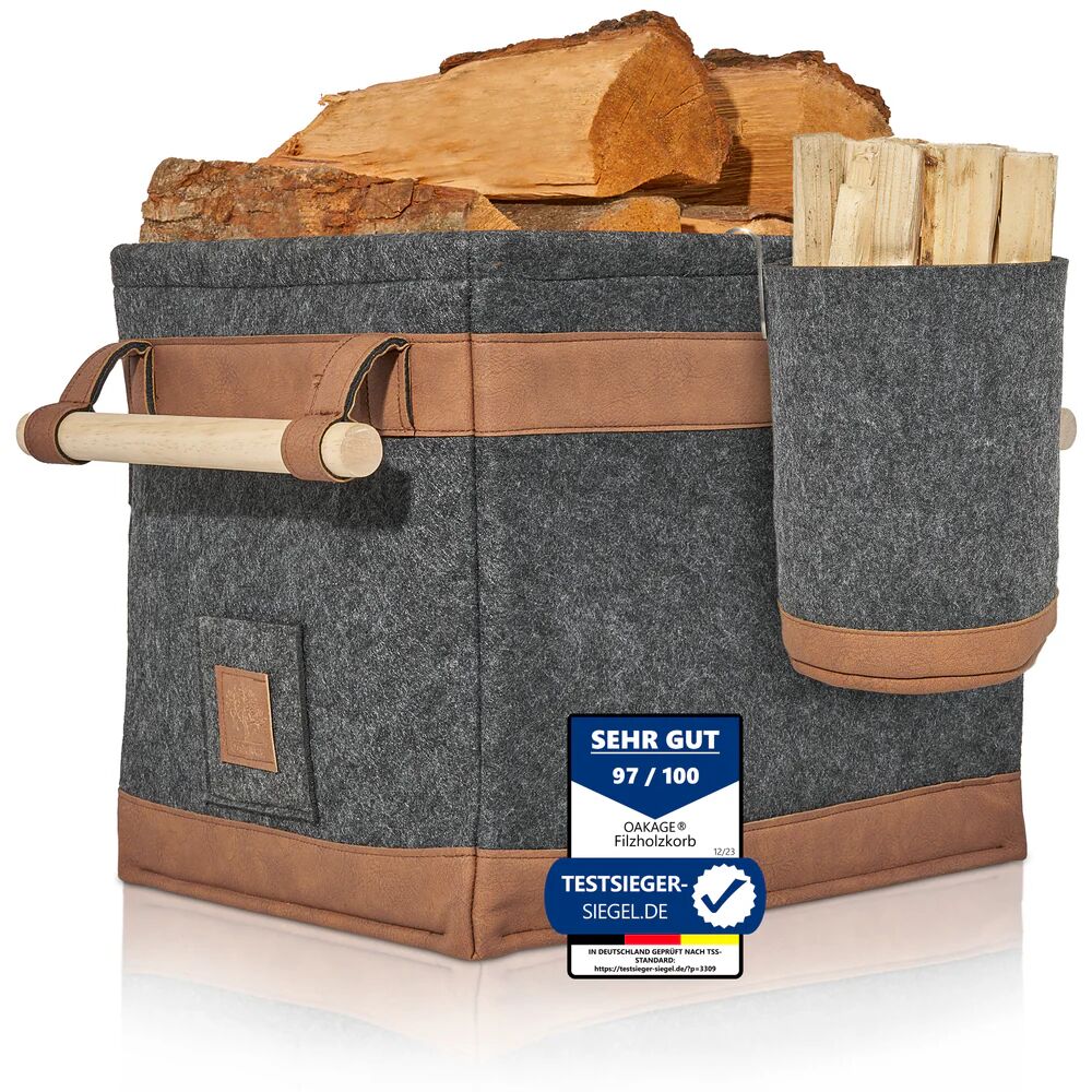 OAKAGE FireMaster Duo Holzkorb Dunkelgrau Filz / Veganes Leder - Einhängbarer Zündholzkorb - 42x32x35cm von OAKAGE