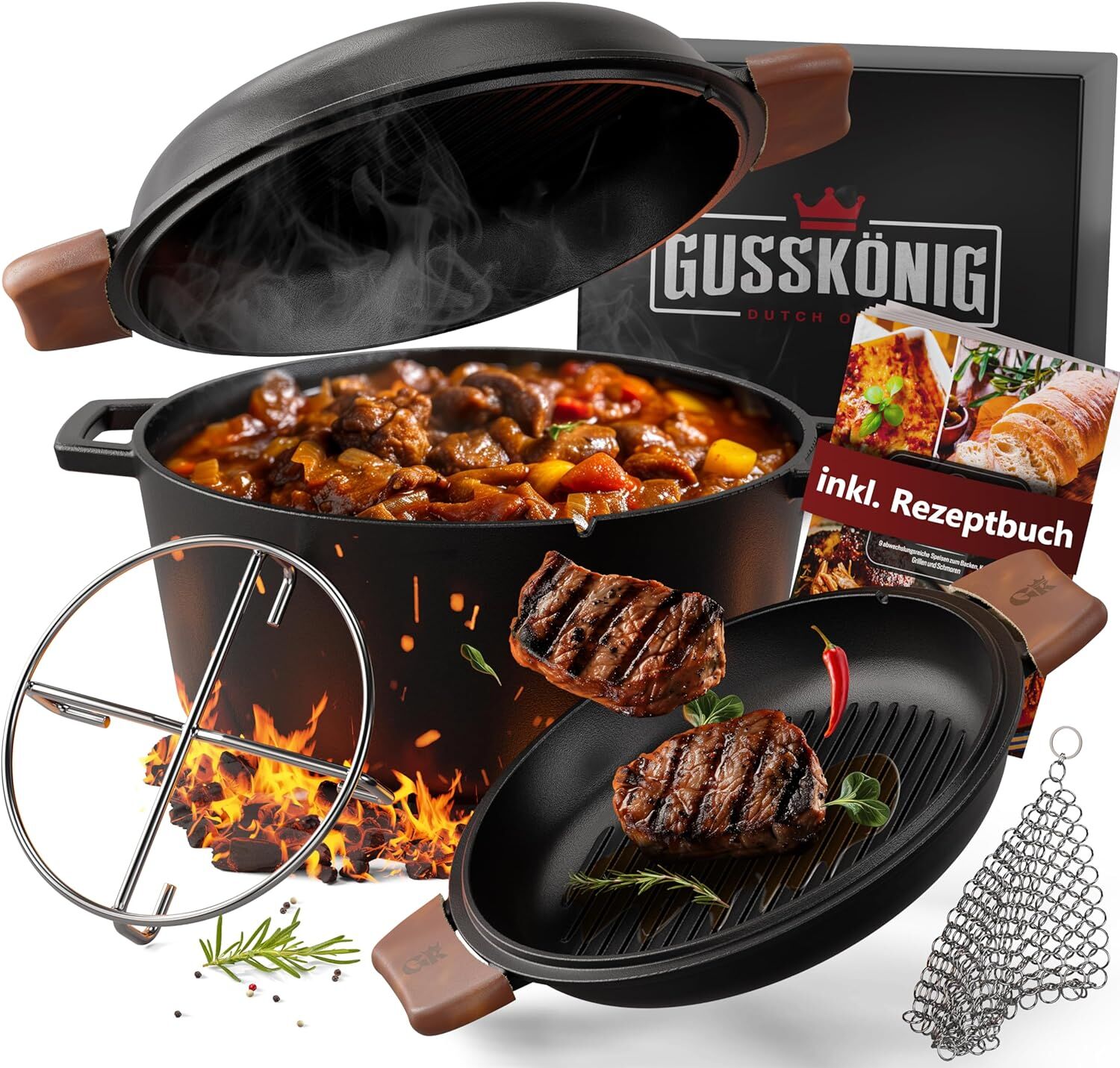 GUSSKÖNIG Dutch Oven - 2in1 Eingebrannter Gusseisen Topf 4,8L & Gusspfanne 1,8L von GUSSKÖNIG