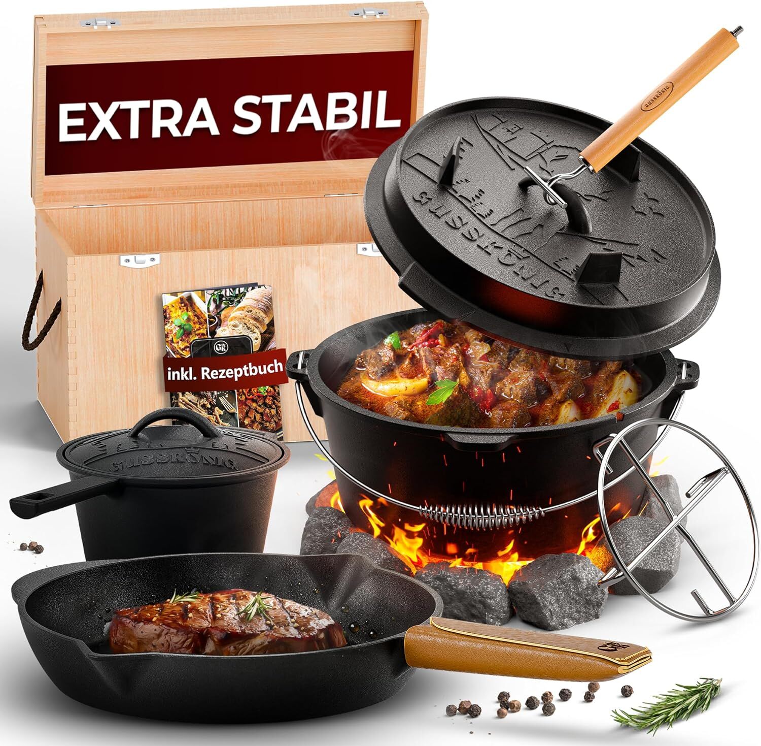 GUSSKÖNIG Dutch Oven Set 8-teilig - bereits eingebranntes Gusseisen Topf Set  von GUSSKÖNIG