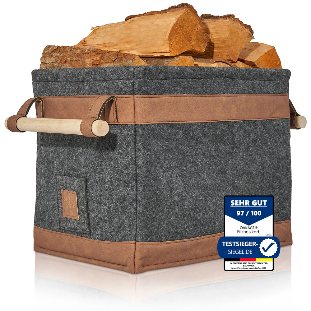 OAKAGE FireMaster Holzkorb Dunkelgrau Filz / Veganes Leder - 42x32x35cm von OAKAGE