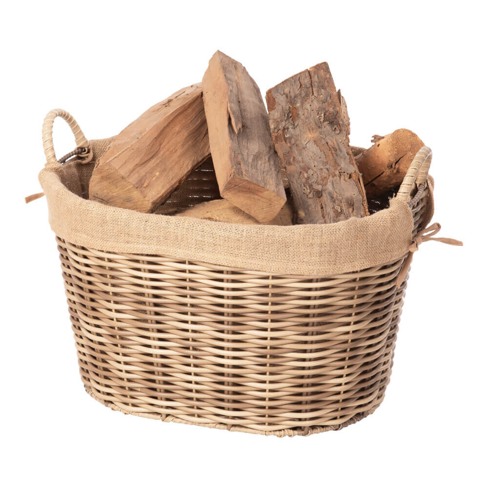 Kaminkorb - Holzkorb aus Polyrattan oval auf Metallgestell braun-beige inkl. Juteausschlag | Größe 1 von AS