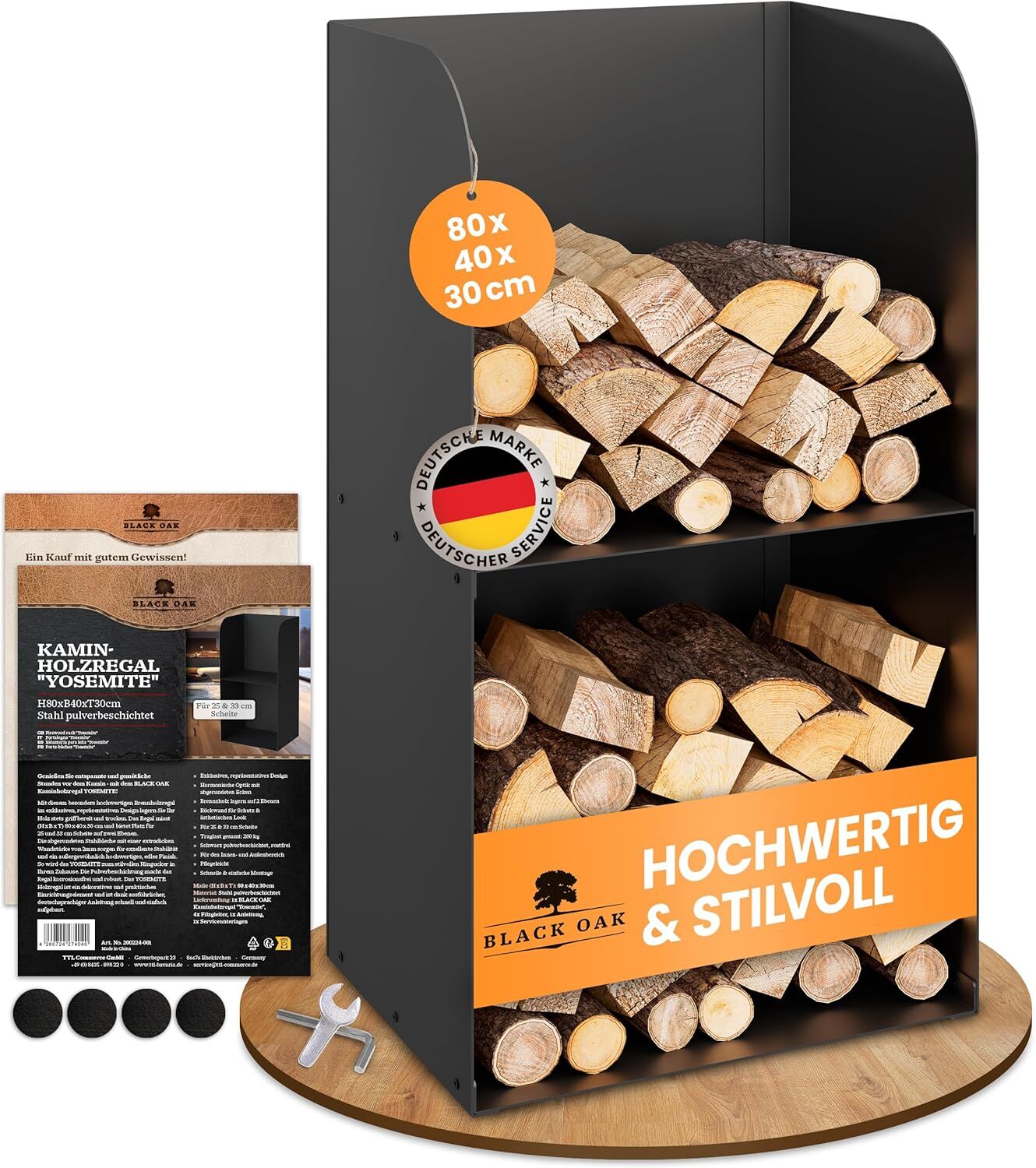 BLACK OAK Kaminholzregal Yosemite schwarz bis 200kg - 80 × 40 × 30 cm von BLACK OAK