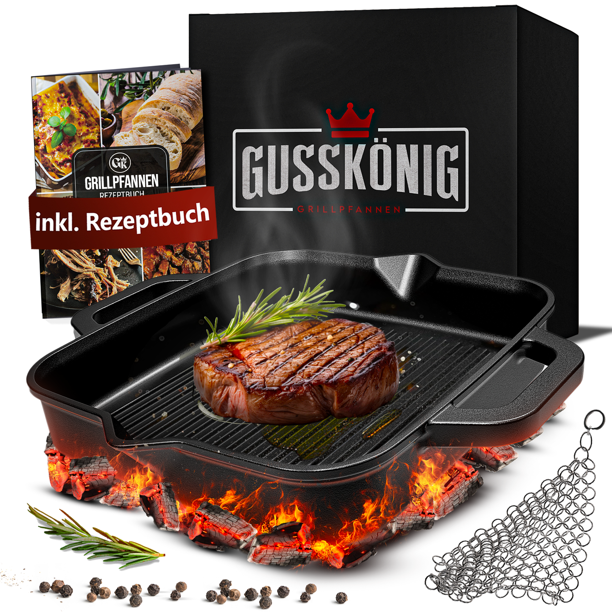 GUSSKÖNIG 26cm quadratische Gusseisenpfanne Pfanne Gusseisen - Grillpfanne Induktion von GUSSKÖNIG