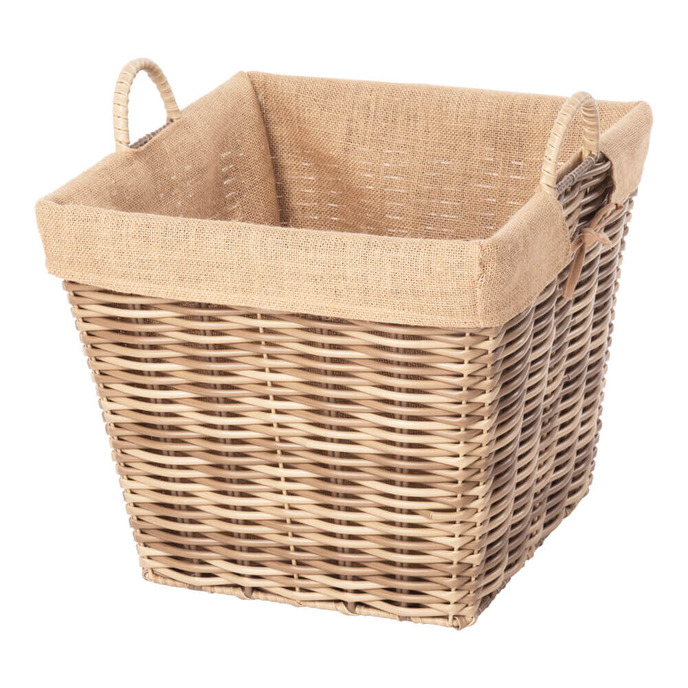 Kaminkorb - Holzkorb aus Polyrattan quadratisch auf Metallgestell braun-beige inkl. Juteausschlag | Größe 1 von AS