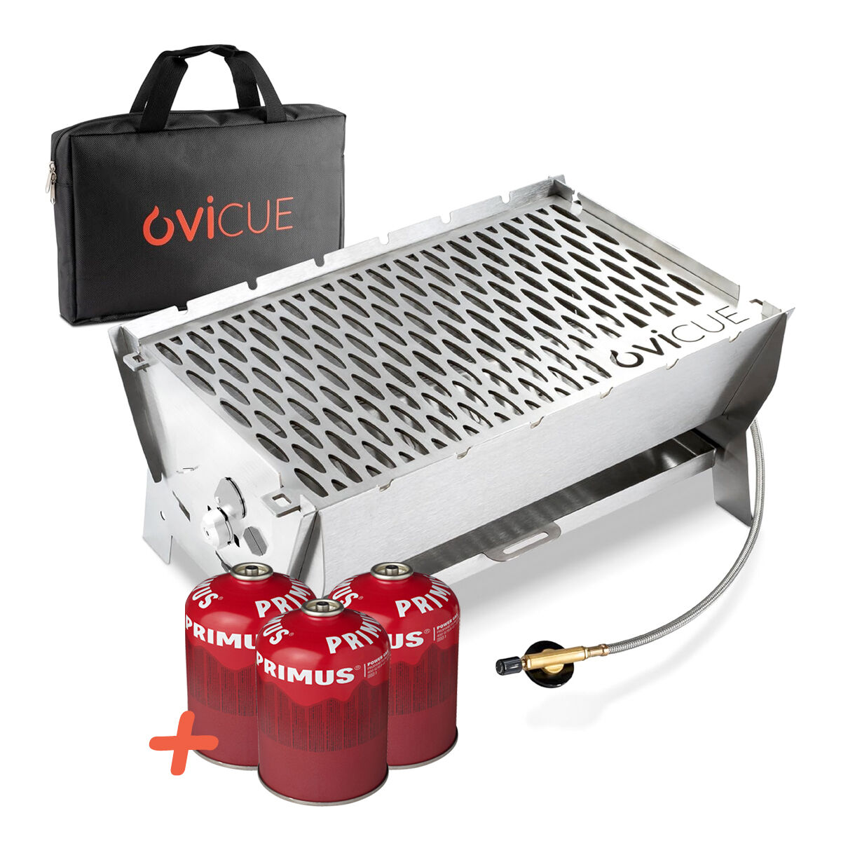 Ovicue L Kompaktgrill Set - Mobiler Gasgrill mit 3,5 kW Leistung und 3 PRIMUS 450g Gaskartuschen von Ovibell